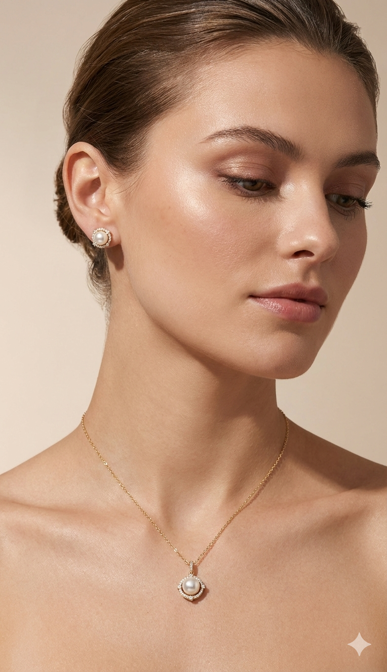 D’ORO — HALO PEARL SET | Classic Pearl & Crystal Halo Necklace and Earring Duo