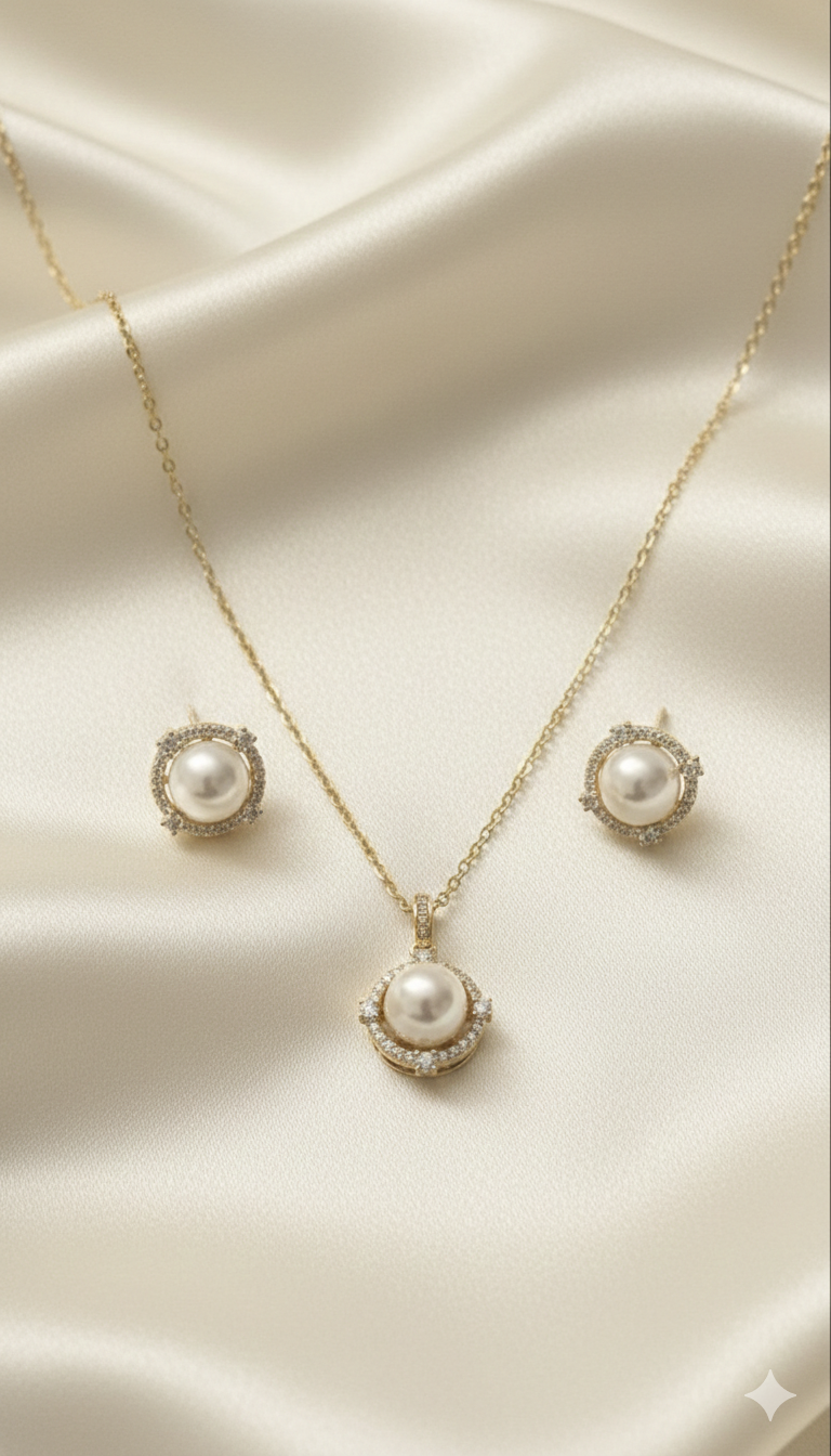 D’ORO — HALO PEARL SET | Classic Pearl & Crystal Halo Necklace and Earring Duo