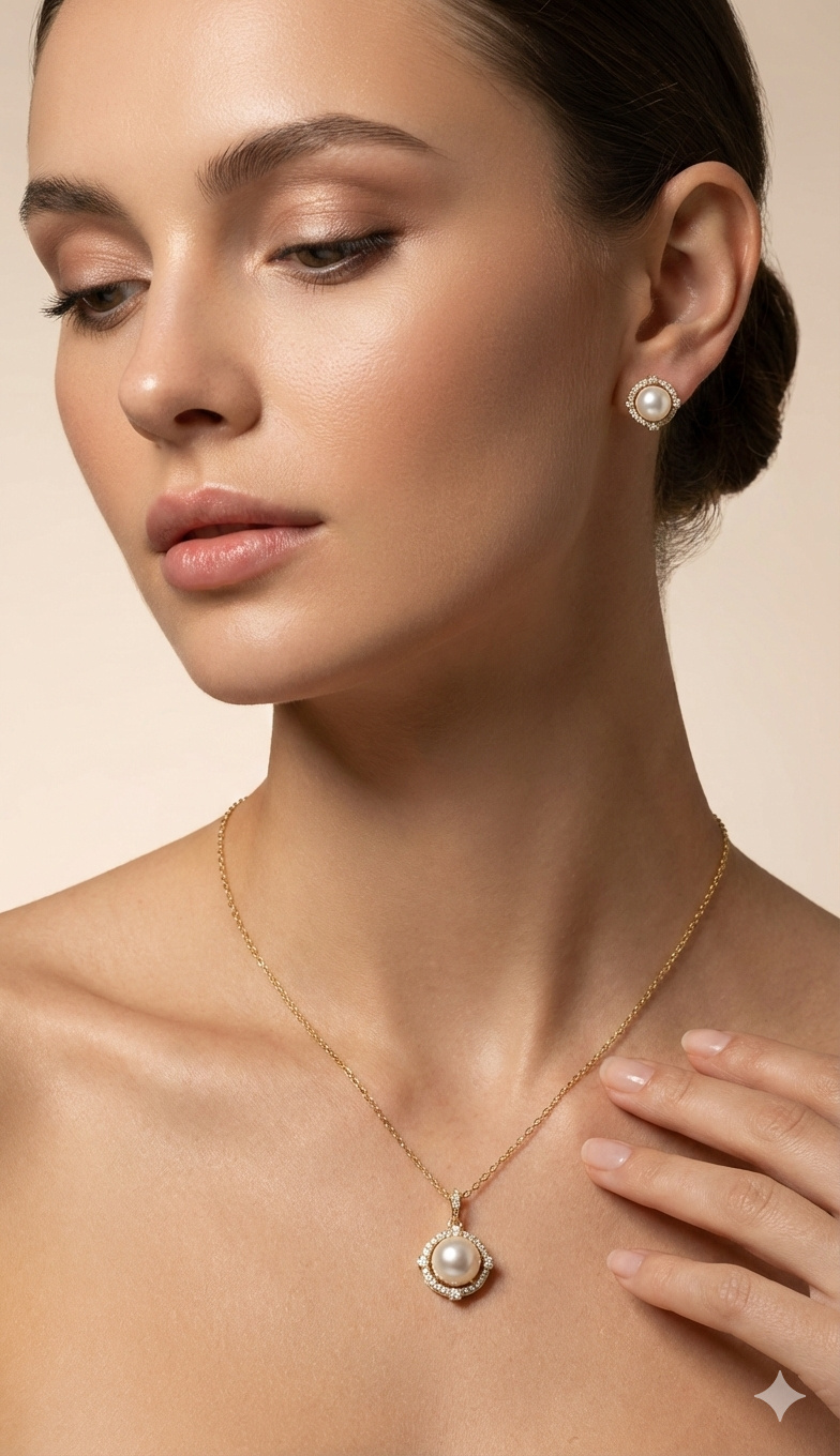 D’ORO — HALO PEARL SET | Classic Pearl & Crystal Halo Necklace and Earring Duo