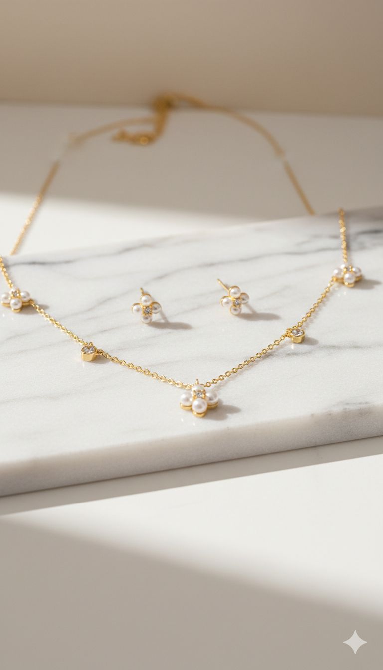 D’ORO—PICCOLA | Dainty Pearl Floral Necklace & Earring Set